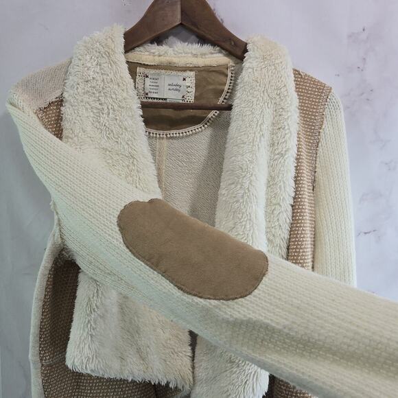Saturday Sunday Sweater Women Large Cardigan Elbow Pads Brown Sherpa Suede White - Picture 2 of 11